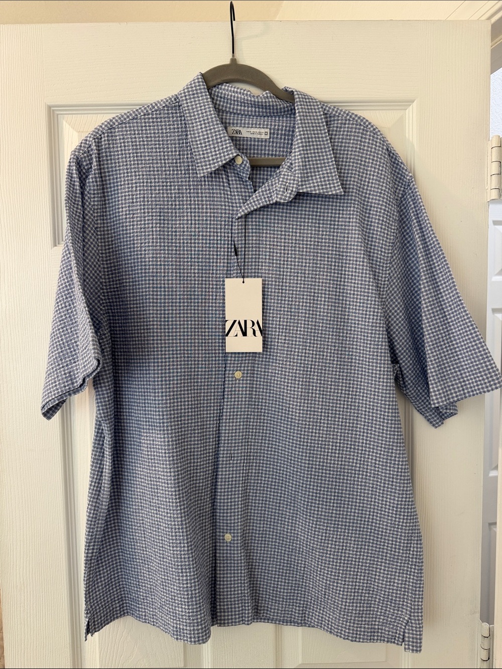 Zara Blue Gingham Short-Sleeve Button-Down Shirt